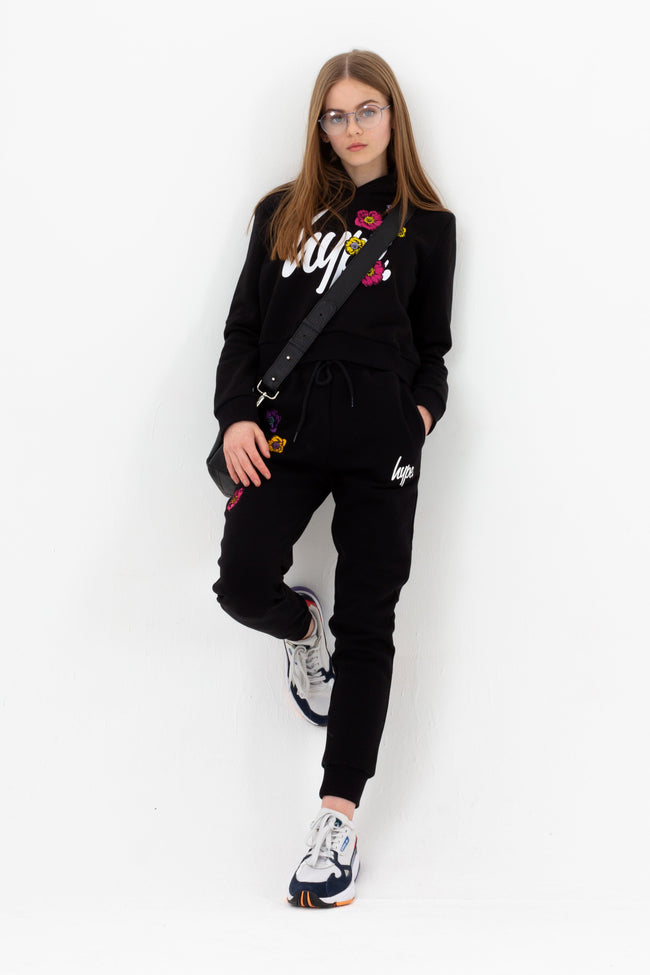 HYPE GIRLS BLACK FLOWER PATCH SCRIPT JOGGERS