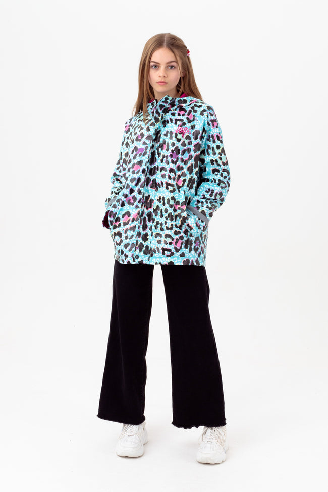 HYPE GIRLS BLUE ICE LEOPARD SCRIPT RAINCOAT