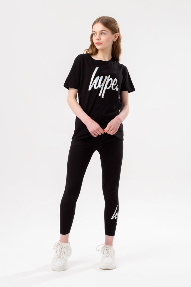 HYPE GIRLS BLACK IRIDESCENT SCRIPT TEE AND LEGGINGS SET