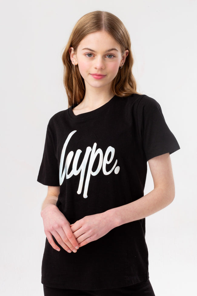 HYPE GIRLS BLACK IRIDESCENT SCRIPT TEE AND LEGGINGS SET