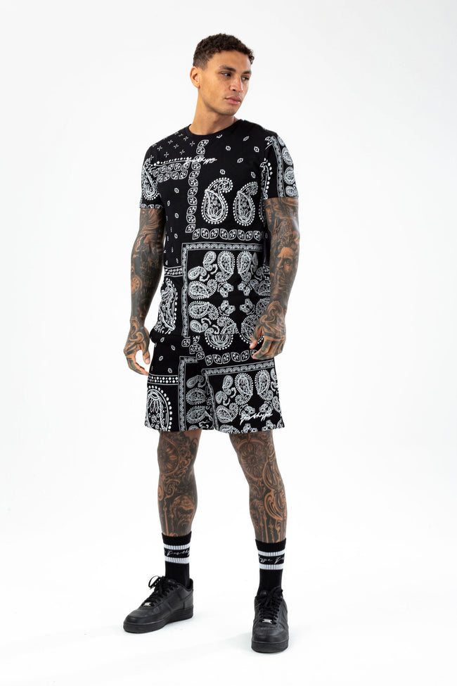 HYPE MENS BLACK PAISLEY PALM SCRIBBLE T-SHIRT