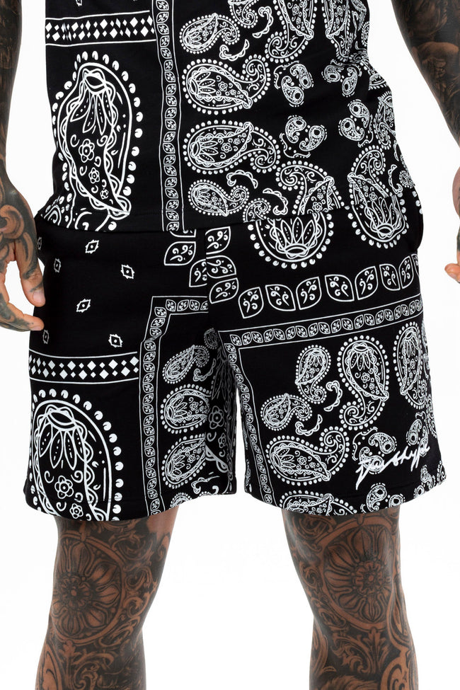 HYPE MENS BLACK PAISLEY PALM SCRIBBLE SHORTS