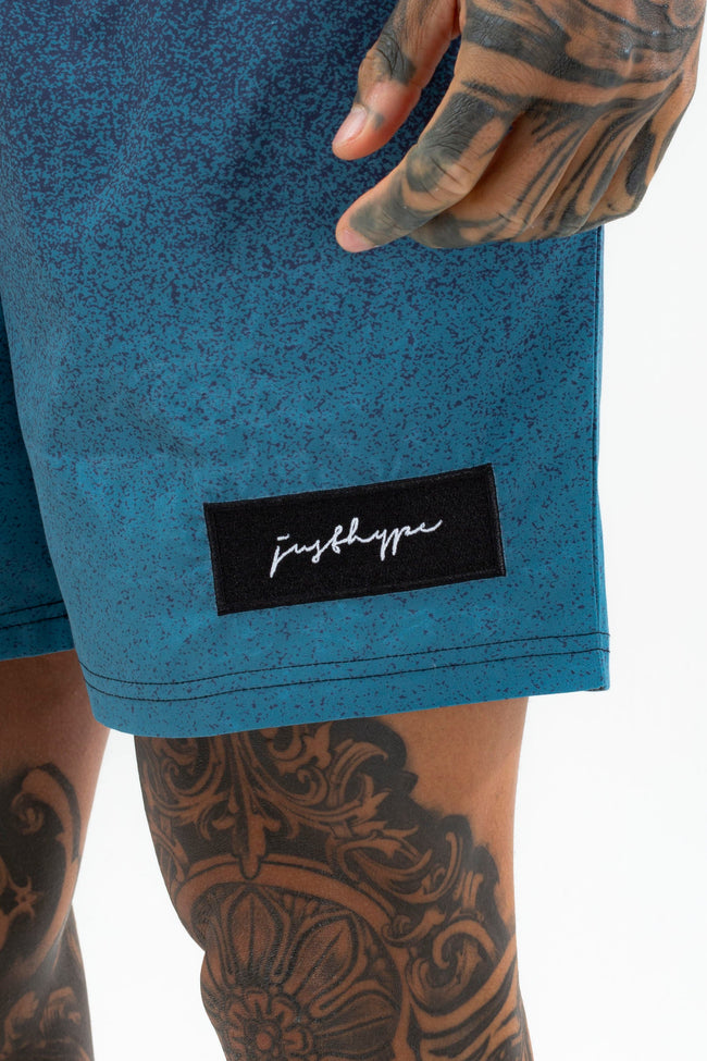 HYPE MENS BLUE SPECKLE FADE SCRIBBLE PATCH SWIM SHORTS