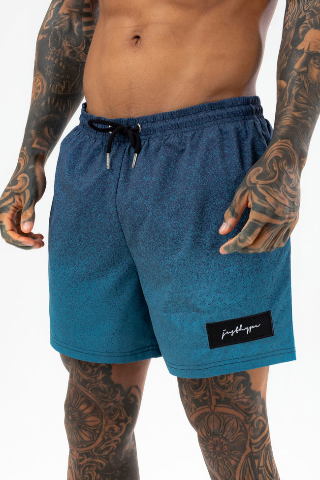 HYPE MENS BLUE SPECKLE FADE SCRIBBLE PATCH SWIM SHORTS