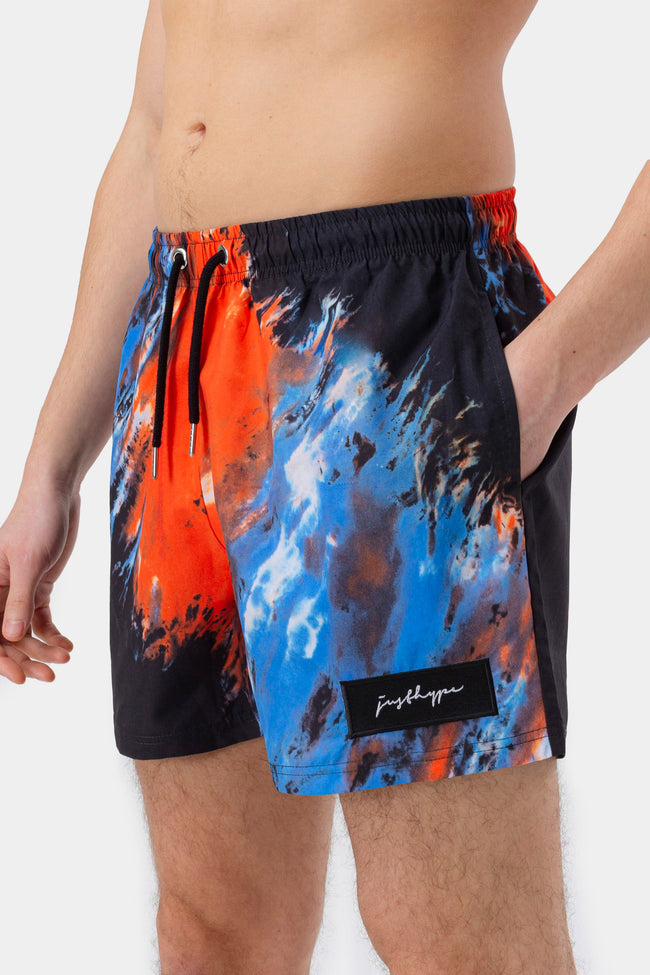 HYPE MENS MULTI BOHEMIAN DYE SCRIBBLE PATCH SWIM SHORTS