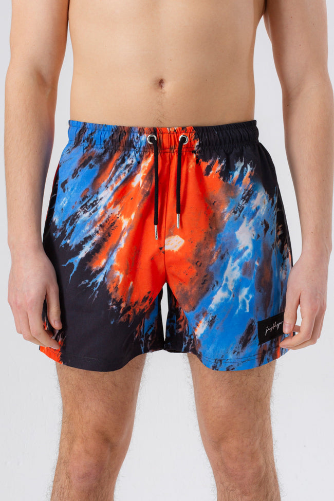 HYPE MENS MULTI BOHEMIAN DYE SCRIBBLE PATCH SWIM SHORTS