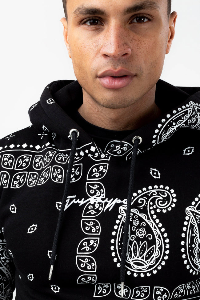 HYPE MENS BLACK PAISLEY PALM SCRIBBLE HOODIE