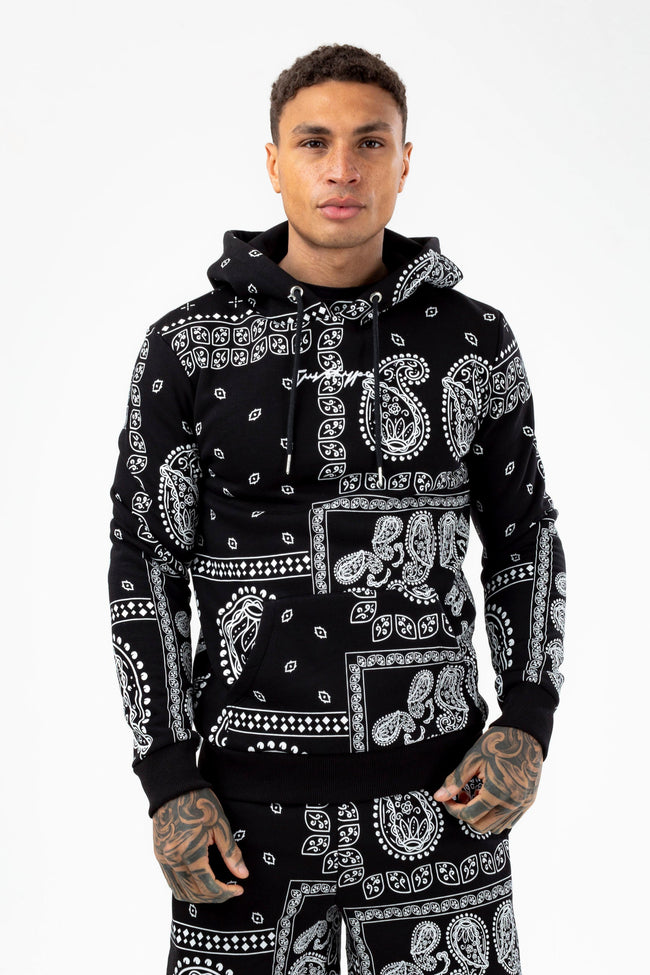 HYPE MENS BLACK PAISLEY PALM SCRIBBLE HOODIE