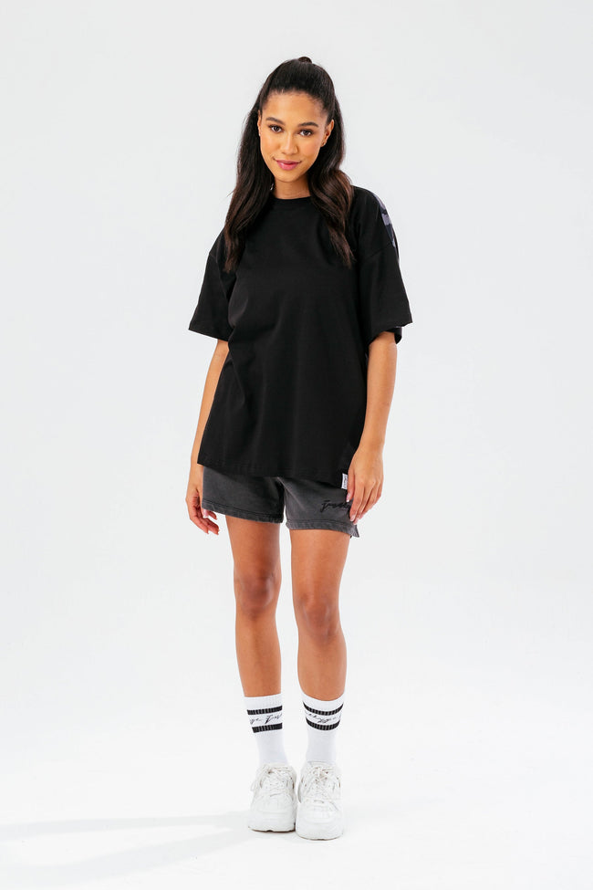 HYPE WOMENS BLACK LEOPARD LABEL BOXY T-SHIRT