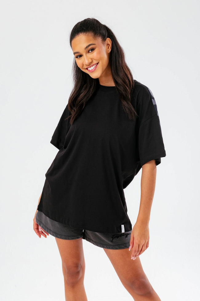 HYPE WOMENS BLACK LEOPARD LABEL BOXY T-SHIRT