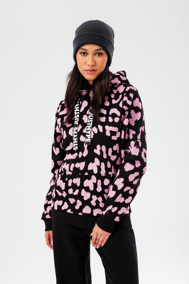 HYPE WOMENS BLACK LEOPARD BLUSH DRAWSTRING HOODIE