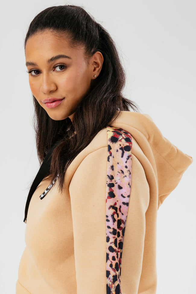 HYPE WOMENS HAZELNUT ANIMAL PRINT LABEL HOODIE