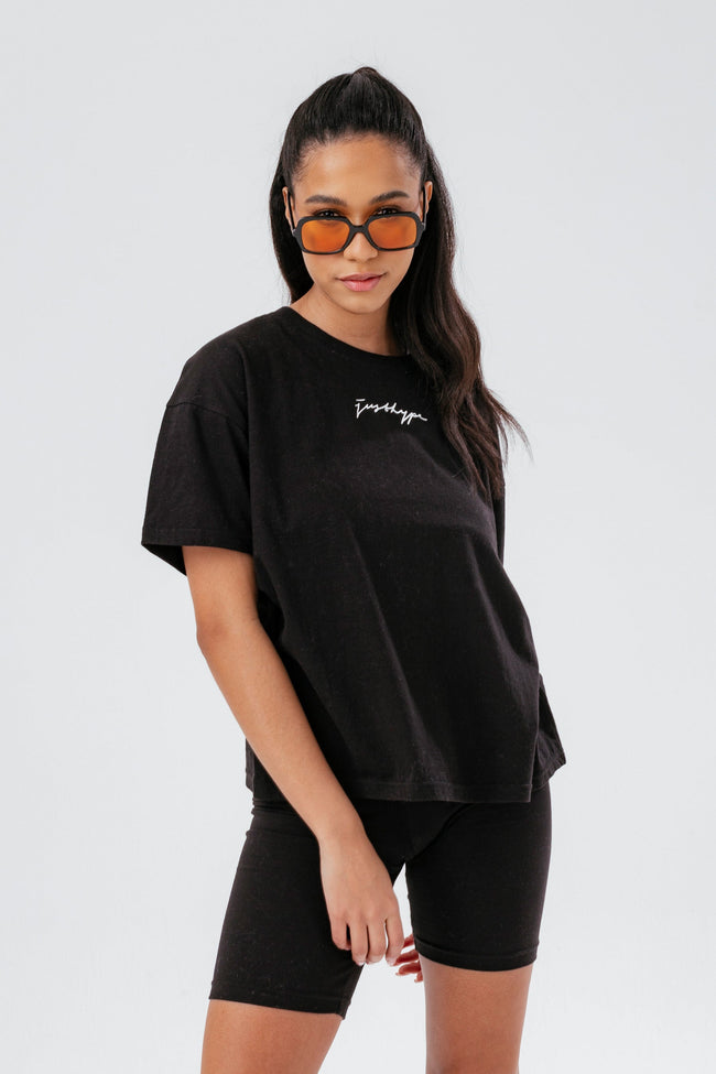 HYPE WOMENS BLACK SCRIBBLE BOXY TEE & CYCLING SHORTS SET