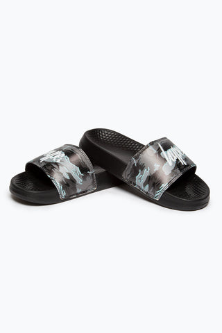 HYPE KIDS UNISEX GREY GLOOM CAMO SCRIPT SLIDERS