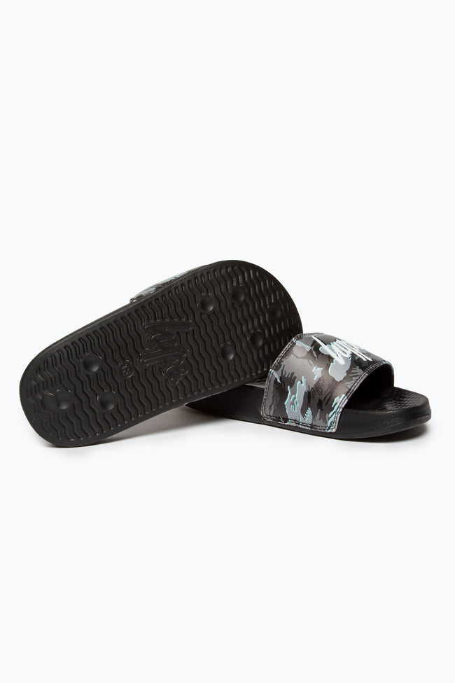 HYPE KIDS UNISEX GREY GLOOM CAMO SCRIPT SLIDERS