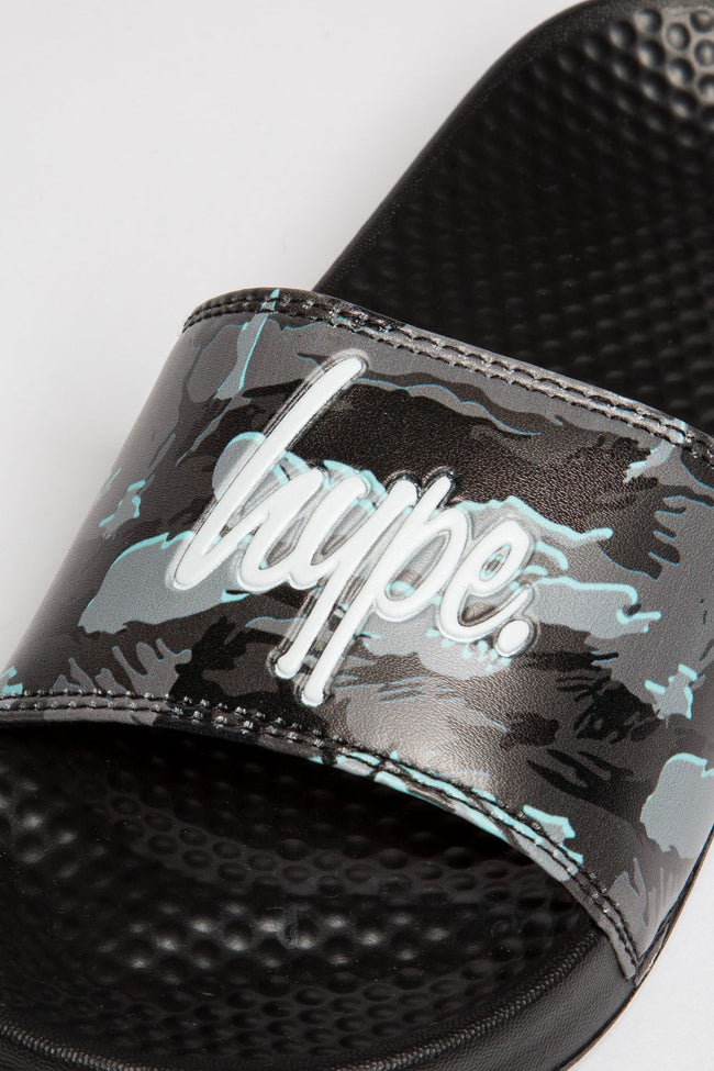 HYPE KIDS UNISEX GREY GLOOM CAMO SCRIPT SLIDERS