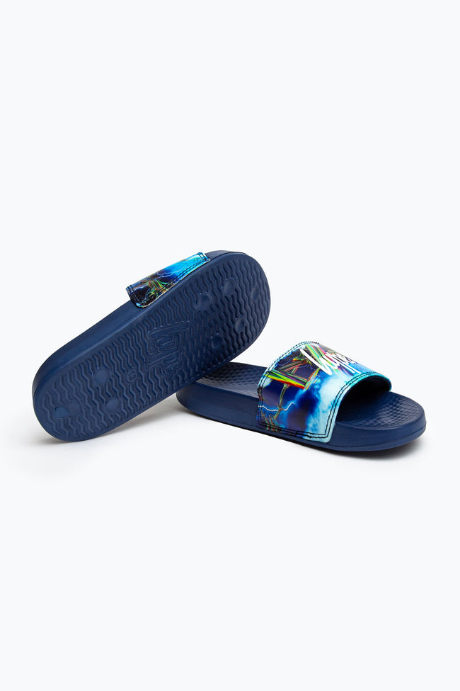 HYPE KIDS UNISEX BLUE LIGHTNING BARBWIRE SCRIPT SLIDERS