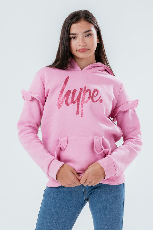 HYPE PINK SEQUIN SCRIPT RUFFLE GIRLS HOODIE