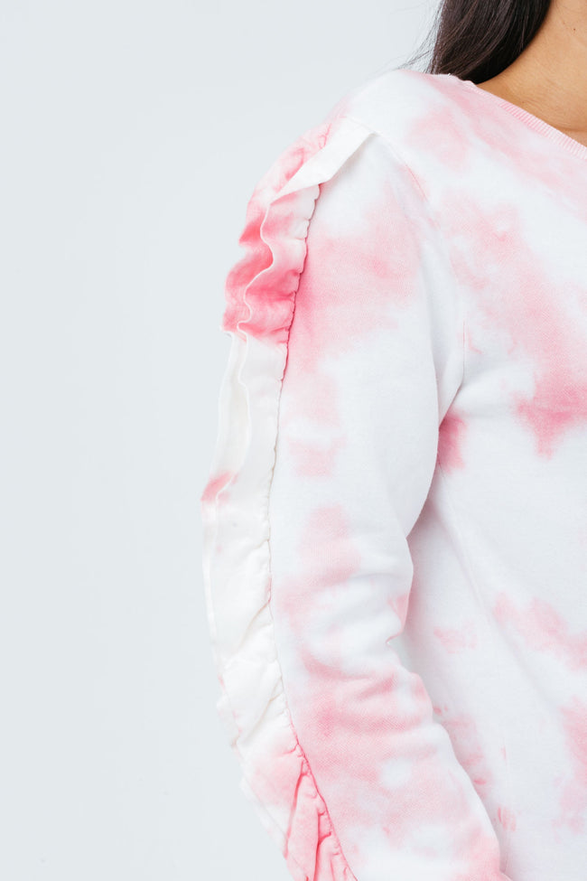 HYPE PINK DYE RUFFLE WOMEN'S CREW NECK