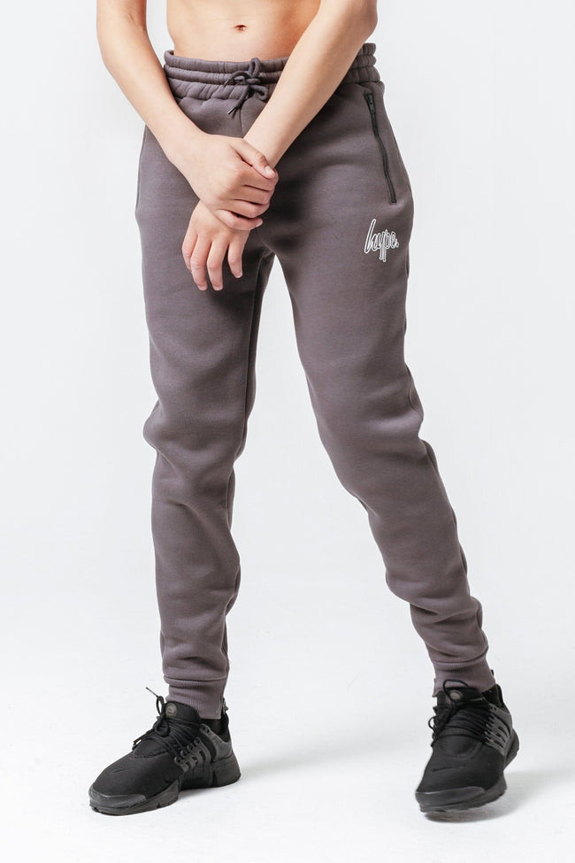 HYPE CHARCOAL ZIP DETAIL OUTLINE SCRIPT KIDS JOGGERS